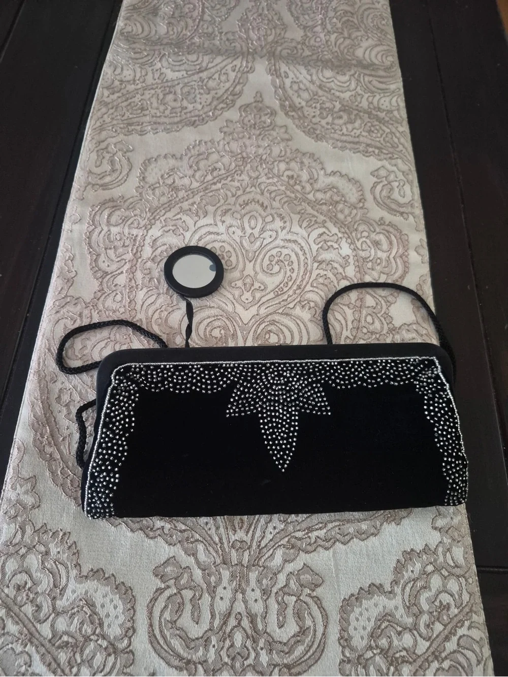 Vintage Valerie Stevens Beaded Black Velvet Clutch with Strap